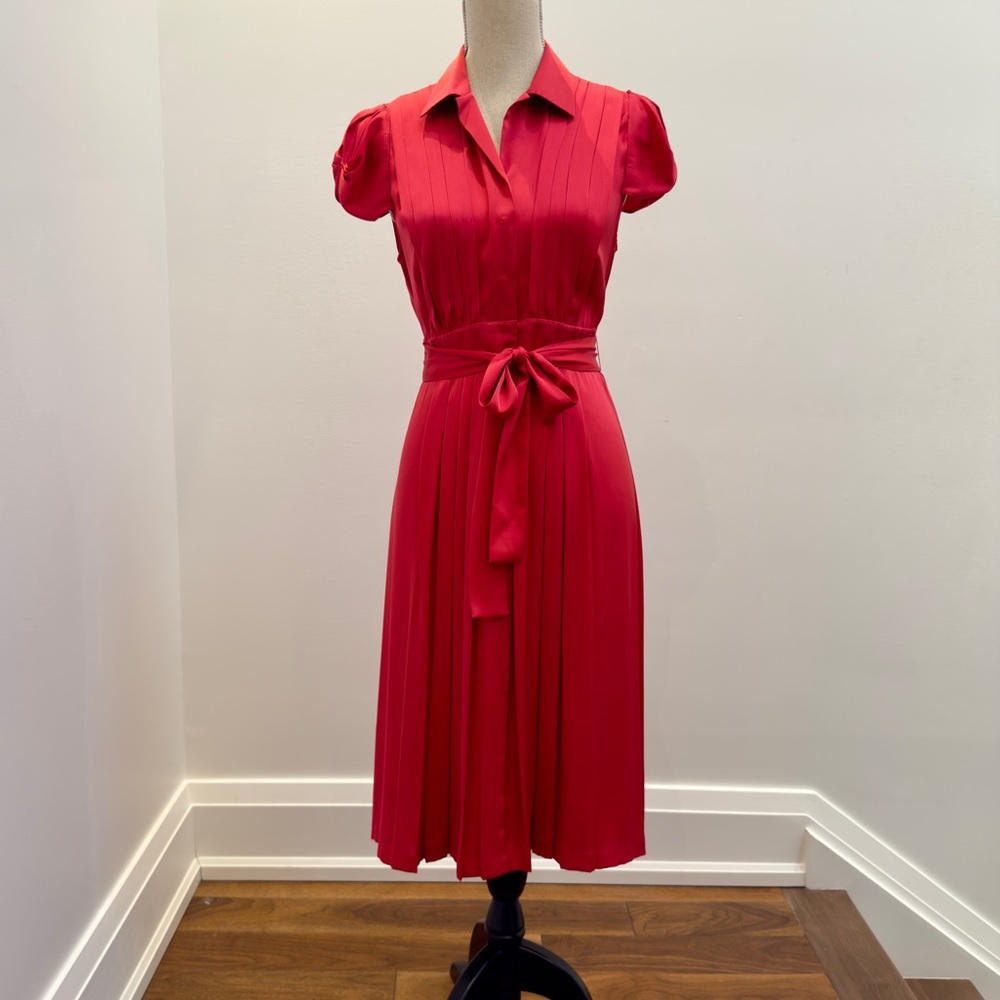 Elie Tahari Vibrant Red Satin Midi Dress with Gorgeous Puff Sleeve Detail